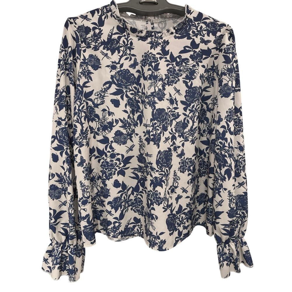 Ladies Size L Blue White Ruffled Hem Collar and Sleeves Blouse Dress Shirt Fall